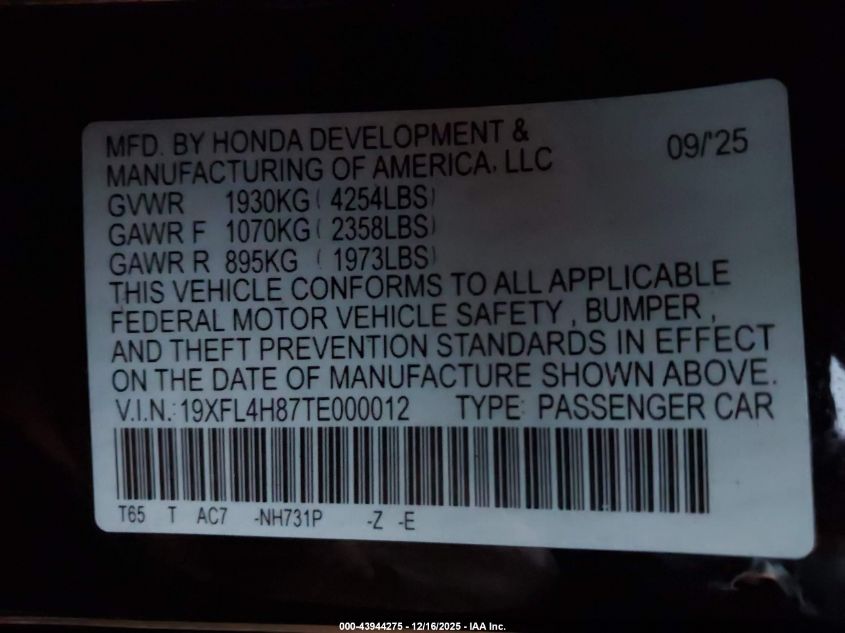 2026 Honda Civic Hybrid Sport VIN: 19XFL4H87TE000012 Lot: 43944275