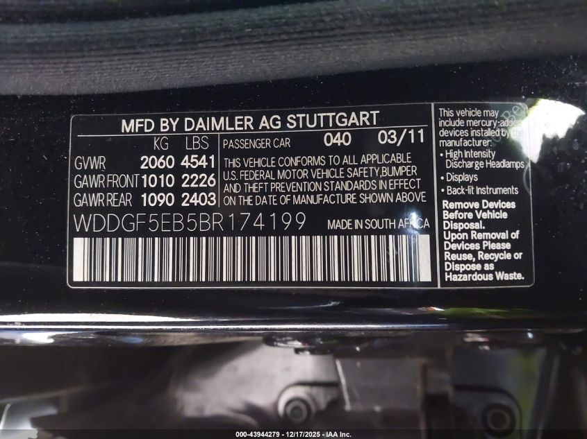 2011 Mercedes-Benz C 300 Luxury/Sport VIN: WDDGF5EB5BR174199 Lot: 43944279