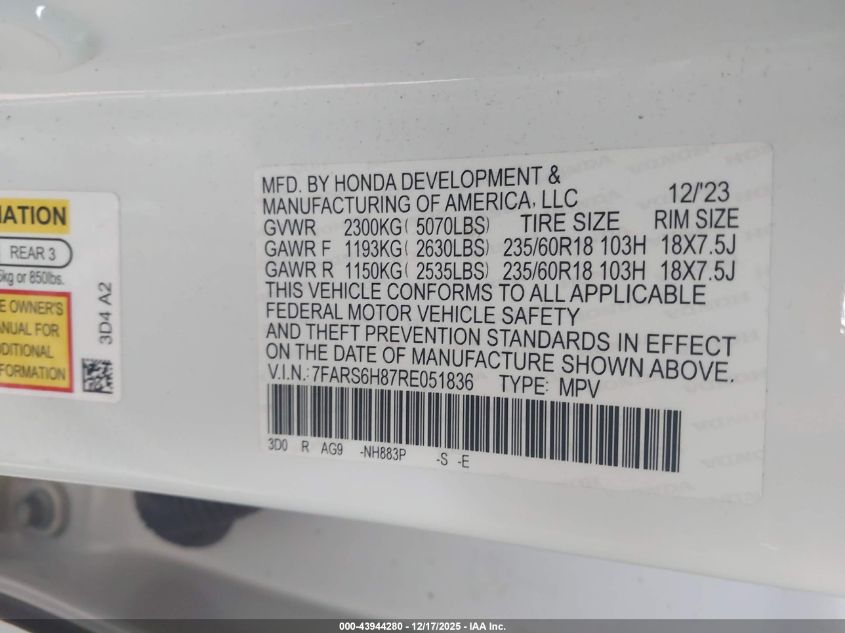 2024 Honda Cr-V Hybrid Sport-L VIN: 7FARS6H87RE051836 Lot: 43944280