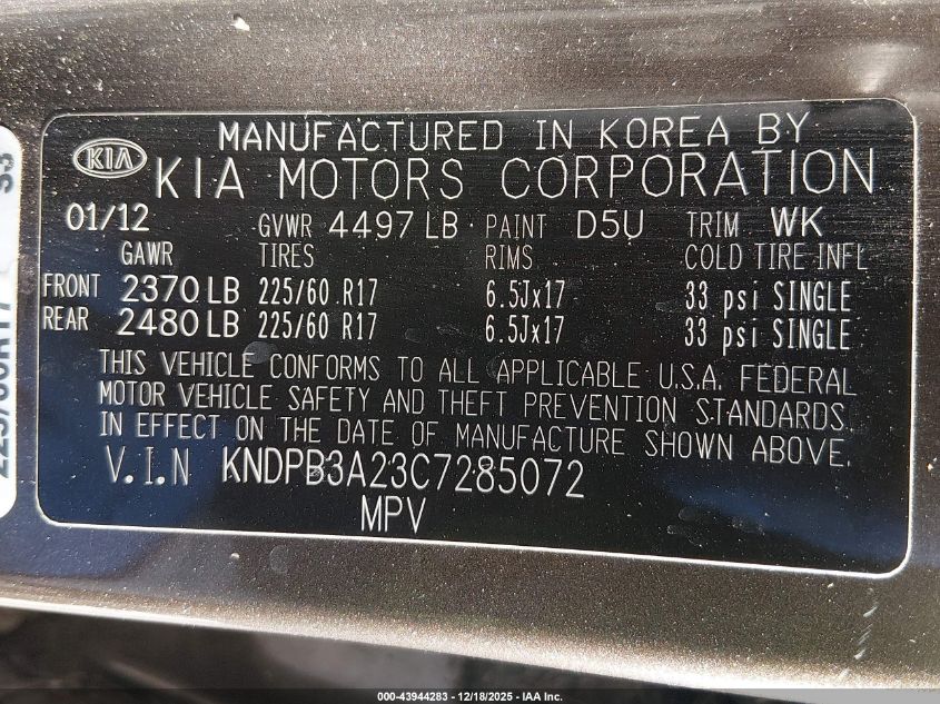 2012 Kia Sportage Lx VIN: KNDPB3A23C7285072 Lot: 43944283