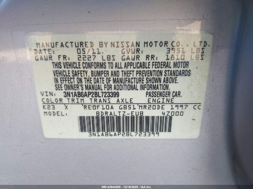 2011 Nissan Sentra 2.0S VIN: 3N1AB6AP2BL723399 Lot: 43944285