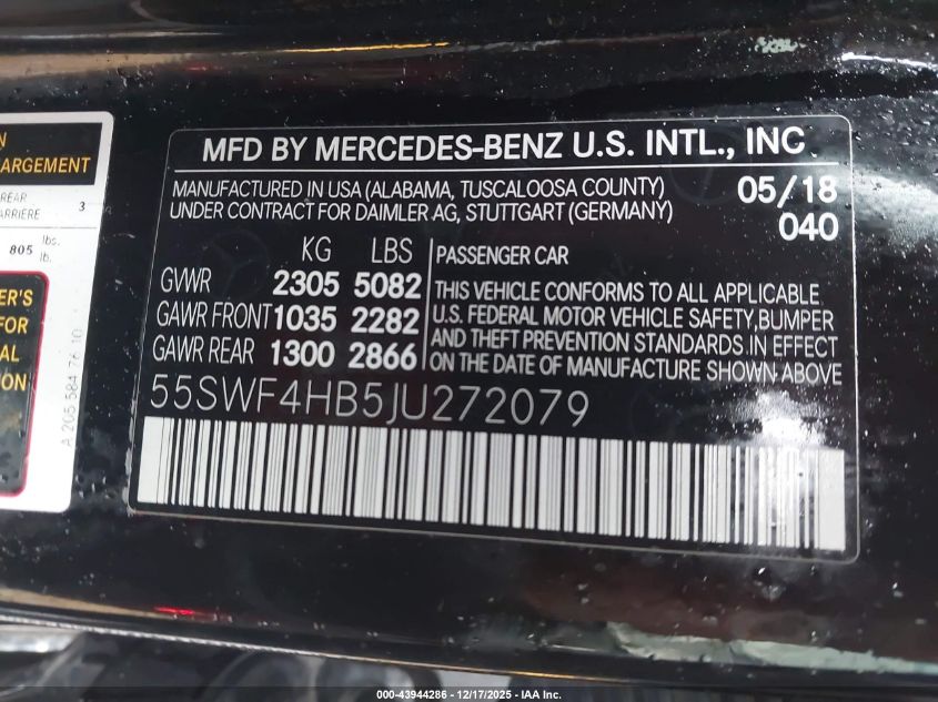 2018 Mercedes-Benz C 350E VIN: 55SWF4HB5JU272079 Lot: 43944286