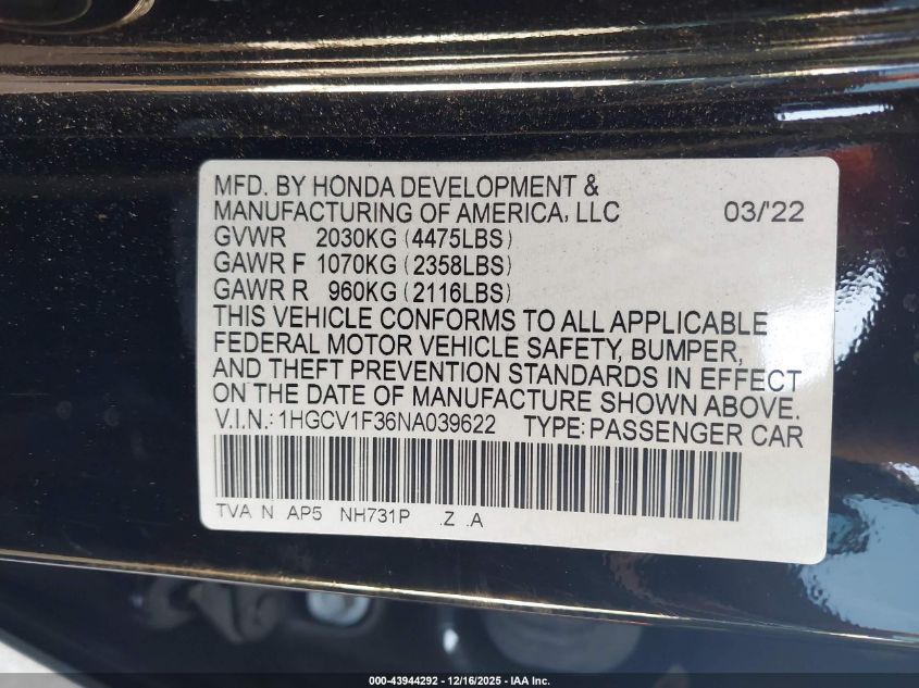 2022 Honda Accord Sport VIN: 1HGCV1F36NA039622 Lot: 43944292
