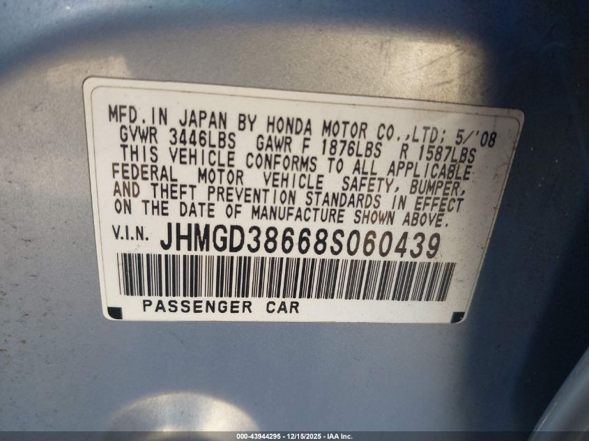 2008 Honda Fit Sport VIN: JHMGD38668S060439 Lot: 43944295
