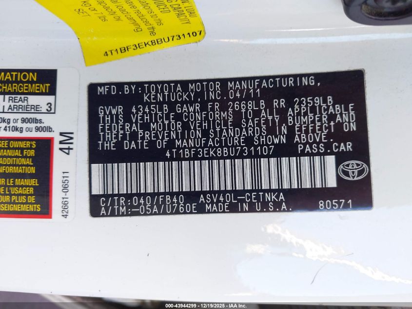 2011 Toyota Camry VIN: 4T1BF3EK8BU731107 Lot: 43944299