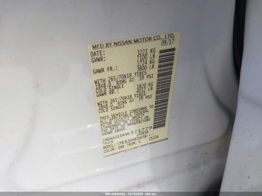 2017 Nissan Titan Sv VIN: 1N6AA1E64HN571779 Lot: 43944302