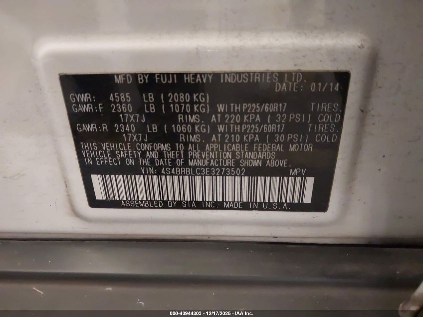 2014 Subaru Outback 2.5I Limited VIN: 4S4BRBLC3E3273502 Lot: 43944303