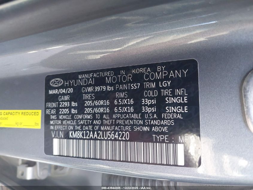 2020 Hyundai Kona Se VIN: KM8K12AA2LU564220 Lot: 43944305