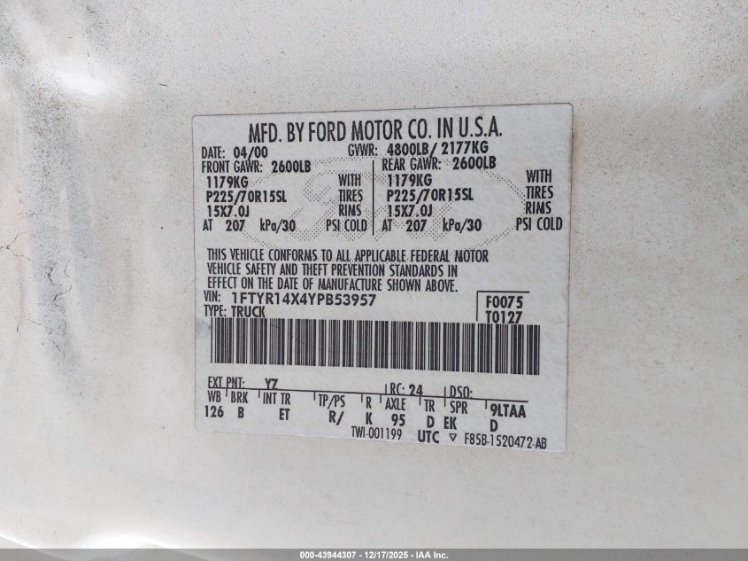 2000 Ford Ranger Xlt VIN: 1FTYR14X4YPB53957 Lot: 43944307