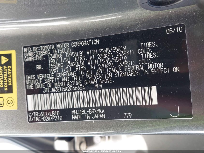 2010 Toyota Highlander Hybrid Limited V6 VIN: JTEJW3EH5A2046654 Lot: 43944308