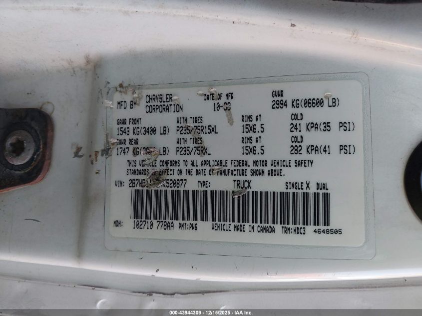 1999 Dodge Ram Van 1500 Commercial/Conversion VIN: 2B7HB11Y2XK520877 Lot: 43944309
