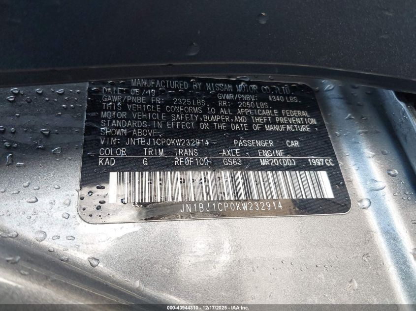 2019 Nissan Rogue Sport Sv VIN: JN1BJ1CP0KW232914 Lot: 43944310