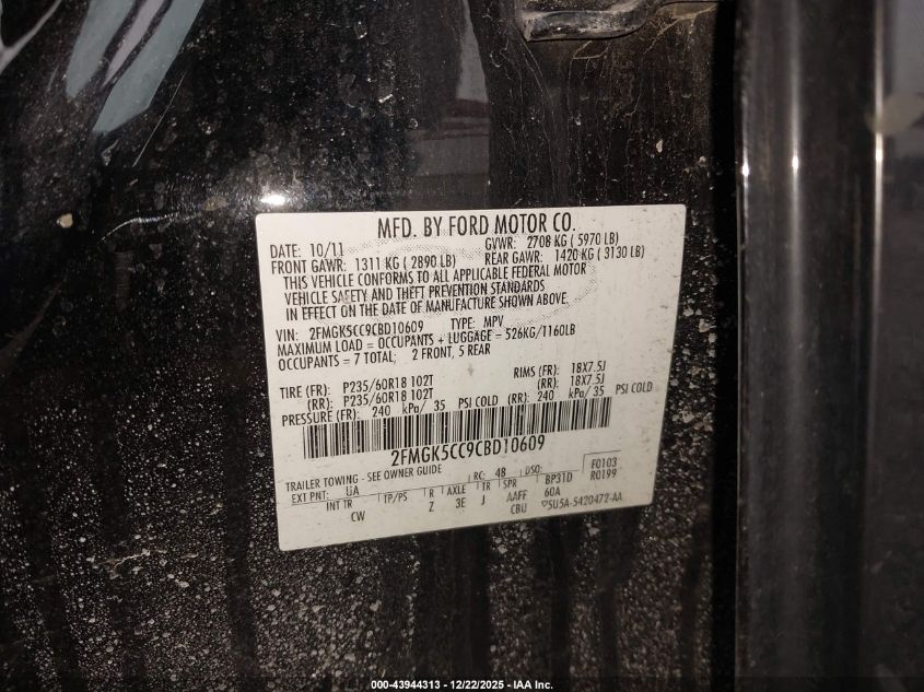 2012 Ford Flex Sel VIN: 2FMGK5CC9CBD10609 Lot: 43944313