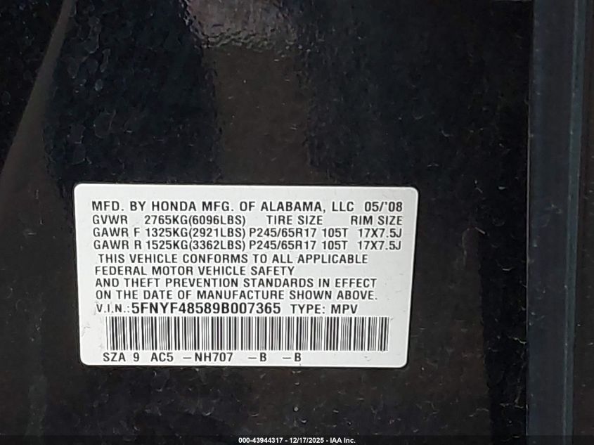 2009 Honda Pilot Ex-L VIN: 5FNYF48589B007365 Lot: 43944317