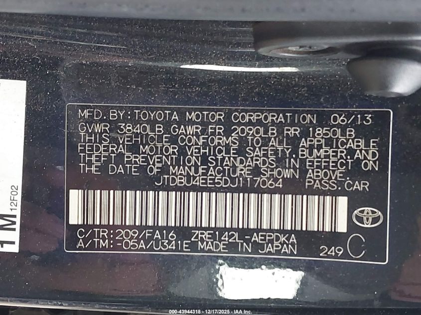 2013 Toyota Corolla L VIN: JTDBU4EE5DJ117064 Lot: 43944318