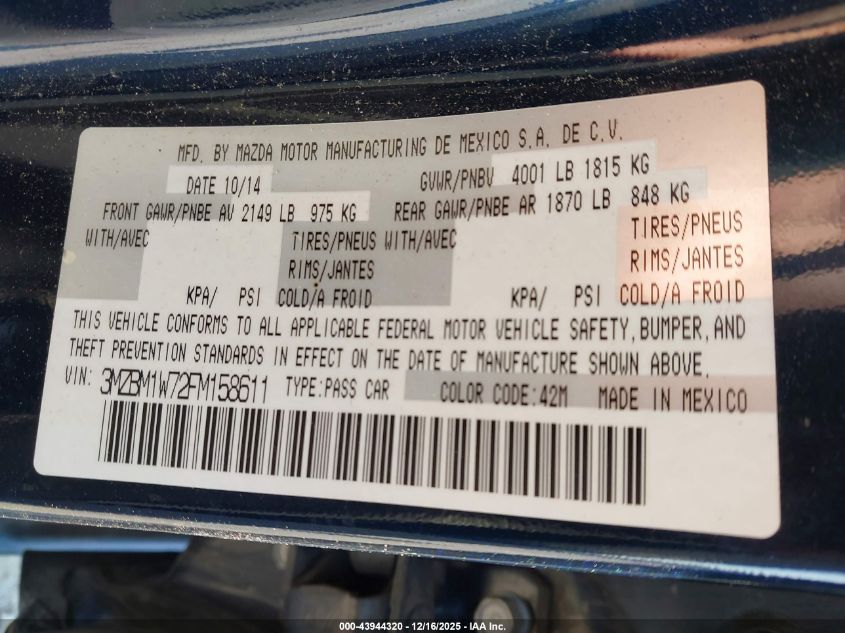 2015 Mazda Mazda3 I Grand Touring VIN: 3MZBM1W72FM158611 Lot: 43944320