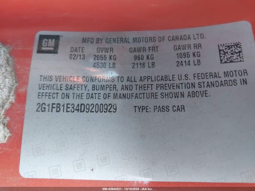 2012 Chevrolet Camaro 1Lt VIN: 2G1FB1E38C9181252 Lot: 43944321