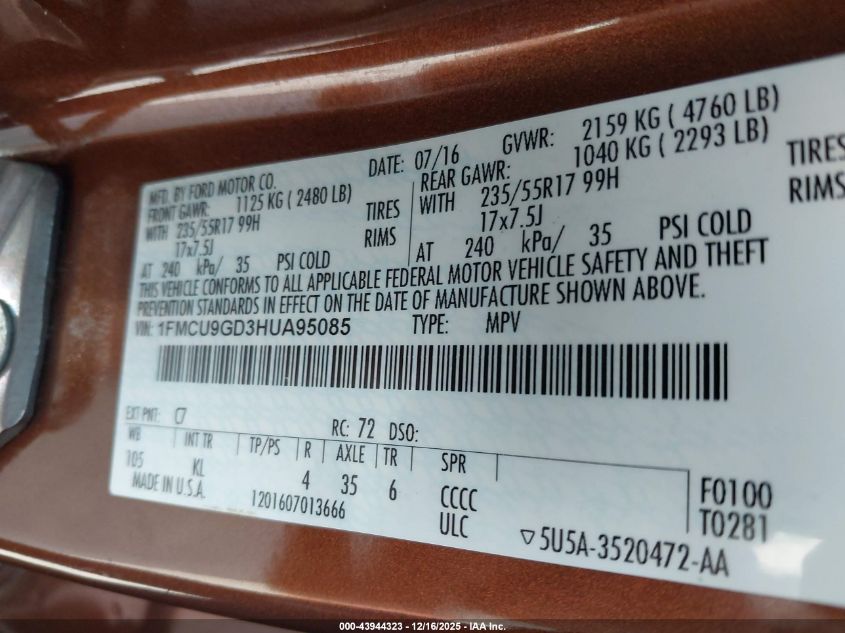 2017 Ford Escape Se VIN: 1FMCU9GD3HUA95085 Lot: 43944323