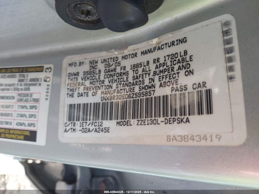 2006 Toyota Corolla S VIN: 1NXBR32E06Z595857 Lot: 43944325