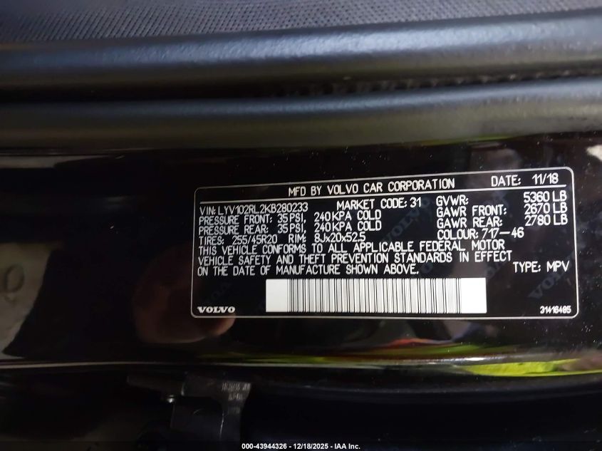 2019 Volvo Xc60 T5 Inscription VIN: LYV102RL2KB280233 Lot: 43944326