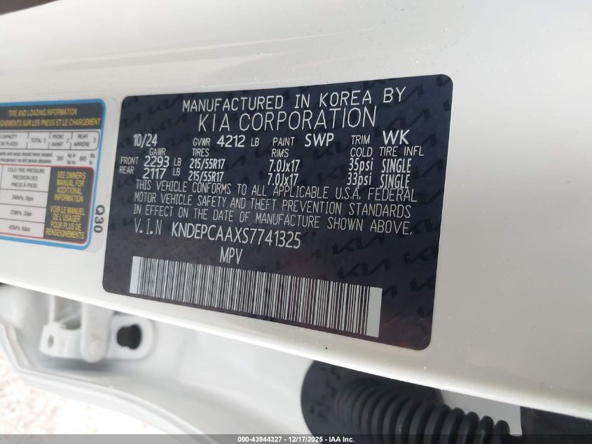2025 Kia Seltos Lx VIN: KNDEPCAAXS7741325 Lot: 43944327
