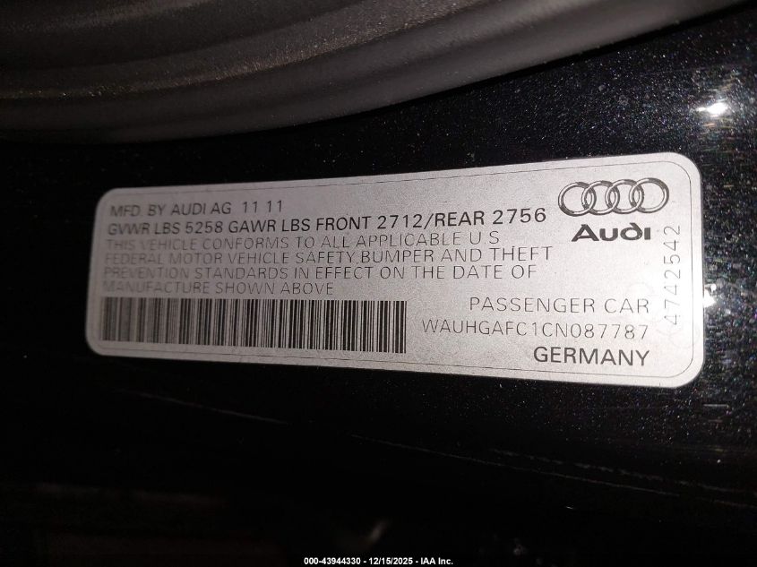 2012 Audi A6 3.0 Premium VIN: WAUHGAFC1CN087787 Lot: 43944330