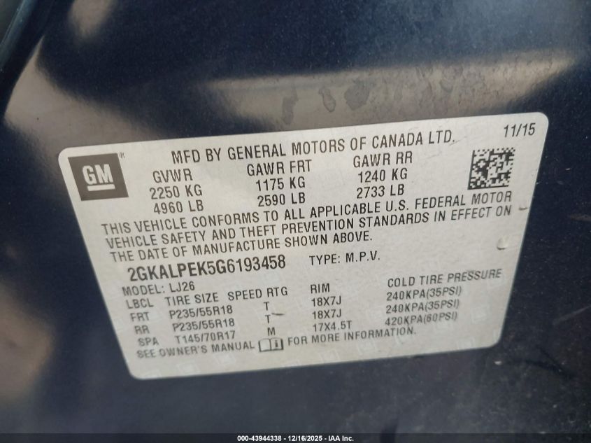 2016 GMC Terrain Slt VIN: 2GKALPEK5G6193458 Lot: 43944338