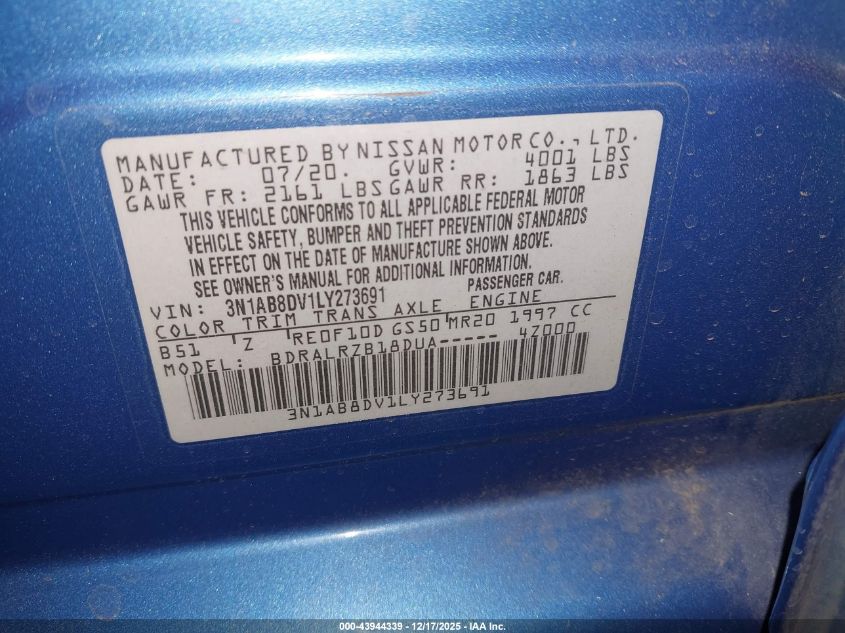 2020 Nissan Sentra Sr Xtronic Cvt VIN: 3N1AB8DV1LY273691 Lot: 43944339