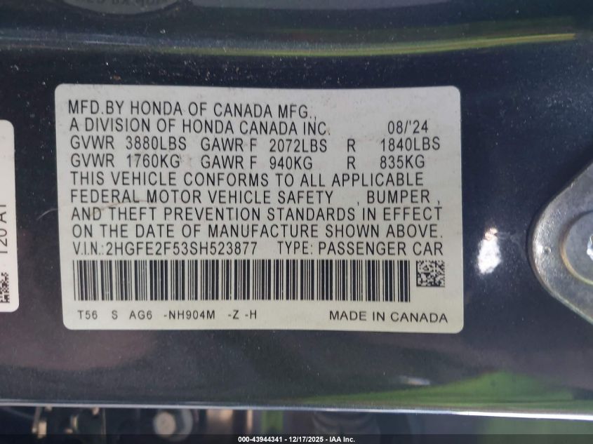 2025 Honda Civic Sport VIN: 2HGFE2F53SH523877 Lot: 43944341