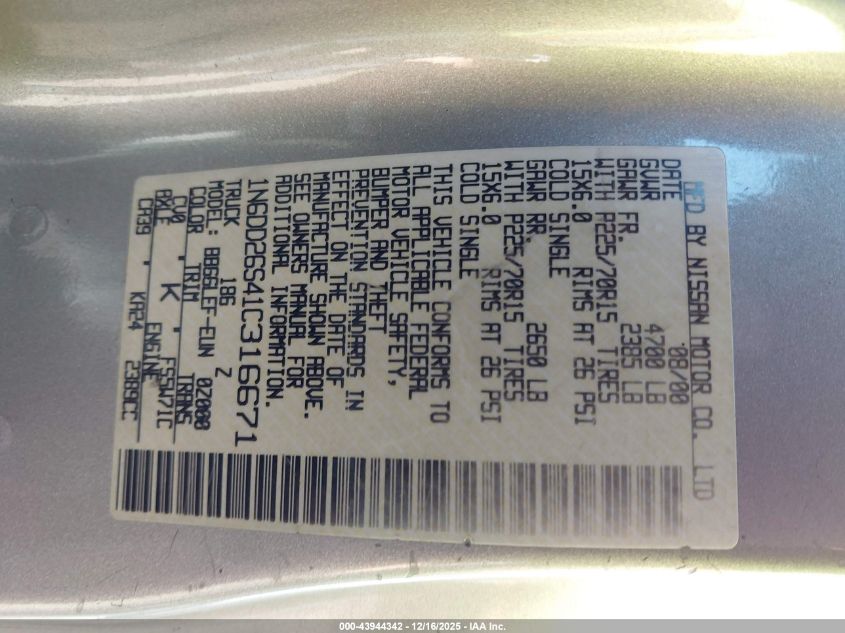 2001 Nissan Frontier Xe VIN: 1N6DD26S41C316671 Lot: 43944342