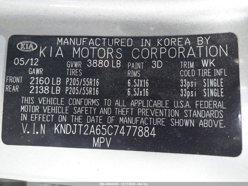 2012 Kia Soul + VIN: KNDJT2A65C7477884 Lot: 43944346