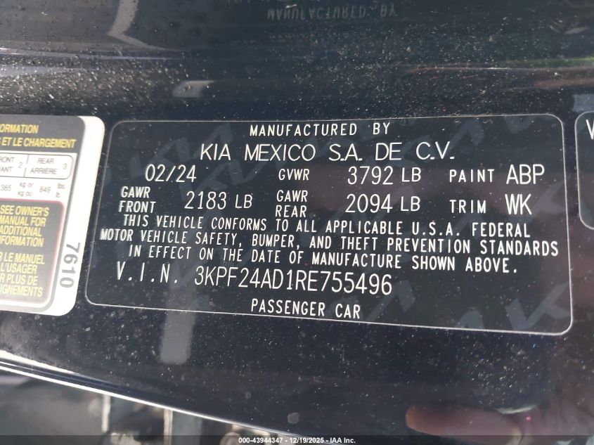 2024 Kia Forte Lxs VIN: 3KPF24AD1RE755496 Lot: 43944347
