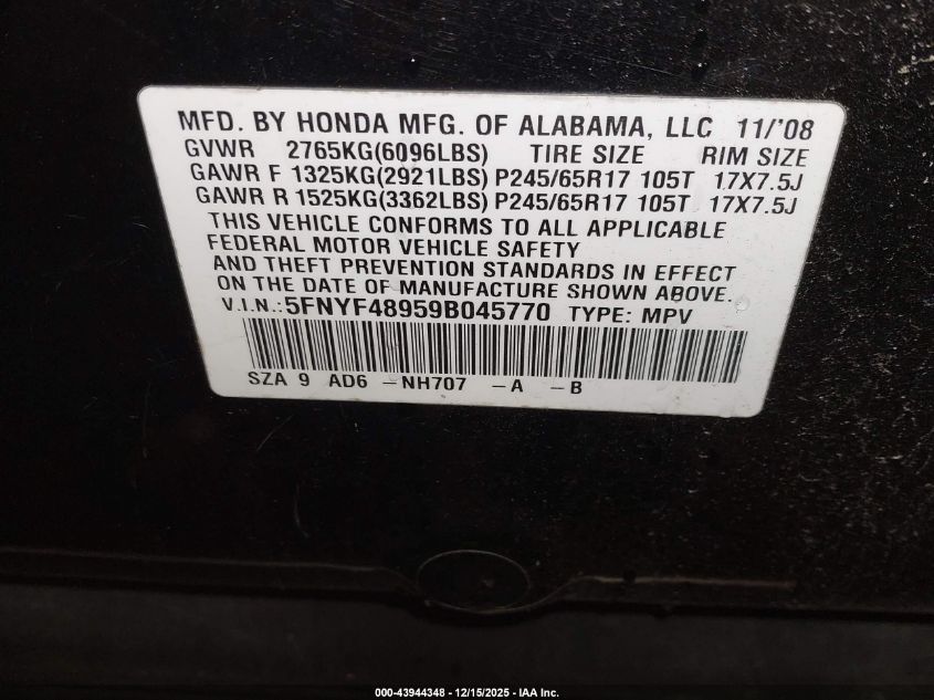 2009 Honda Pilot Touring VIN: 5FNYF48959B045770 Lot: 43944348