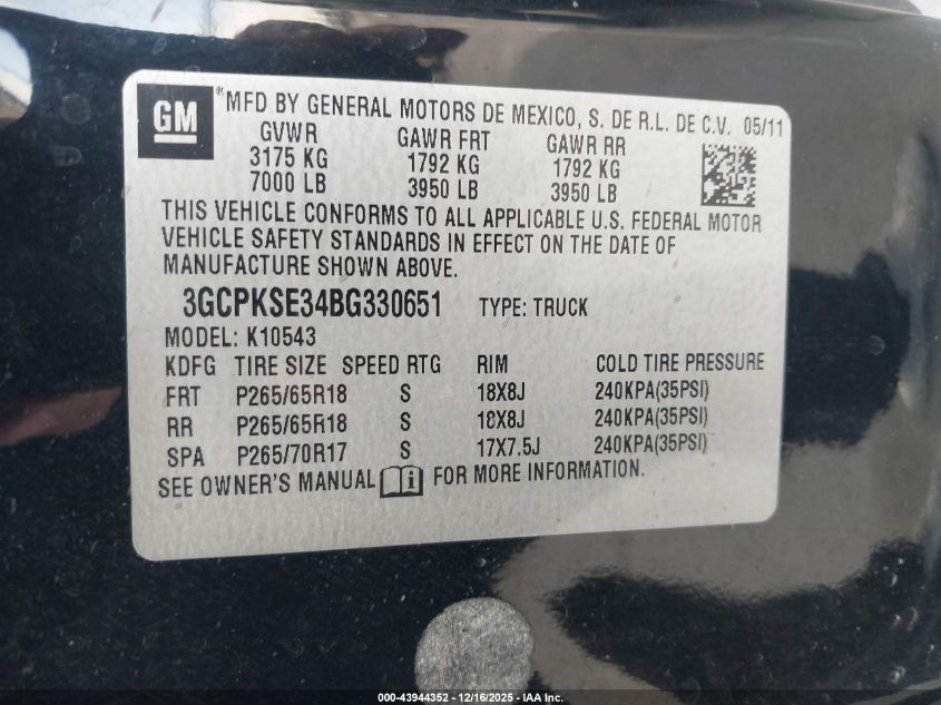 2011 Chevrolet Silverado 1500 Lt VIN: 3GCPKSE34BG330651 Lot: 43944352