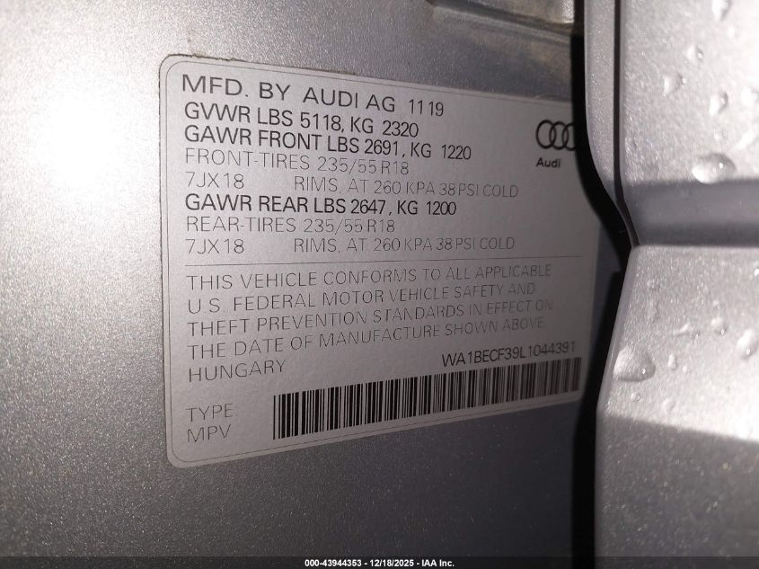 2020 Audi Q3 Premium Plus 45 Tfsi Quattro Tiptronic VIN: WA1BECF39L1044391 Lot: 43944353