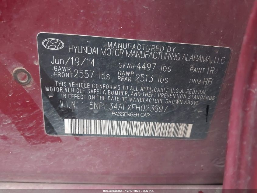 2015 Hyundai Sonata Limited VIN: 5NPE34AFXFH023997 Lot: 43944355
