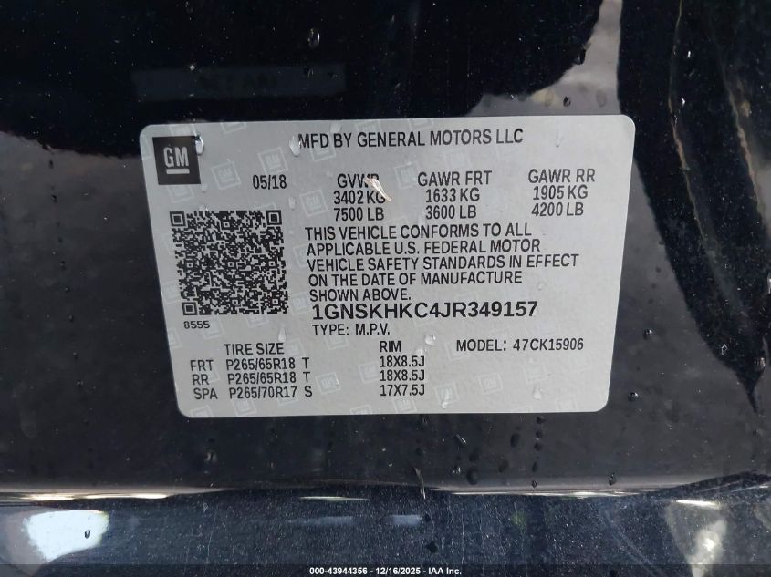 2018 Chevrolet Suburban Lt VIN: 1GNSKHKC4JR349157 Lot: 43944356