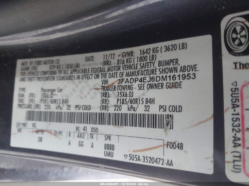 2013 Ford Fiesta Se VIN: 3FADP4EJ6DM161953 Lot: 43944357