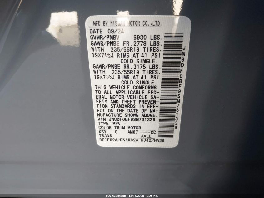 2025 Nissan Ariya Evolve+ VIN: JN8DF0BF9SM761336 Lot: 43944359