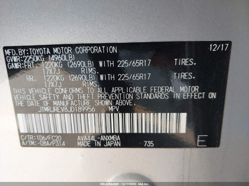 2018 Toyota Rav4 Hybrid Xle VIN: JTMRJREV8JD189956 Lot: 43944360