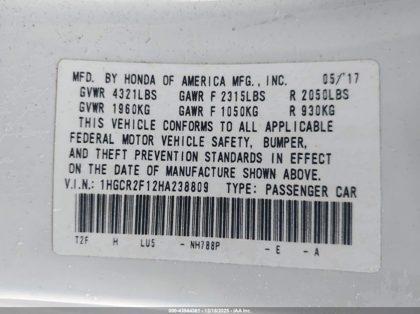 2017 Honda Accord Sport Se VIN: 1HGCR2F12HA238809 Lot: 43944361