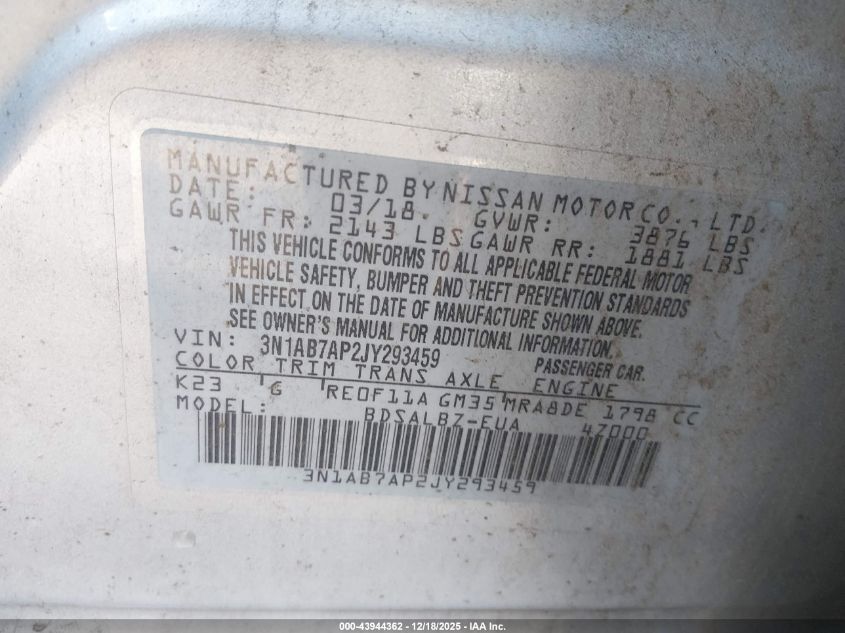 2018 Nissan Sentra S VIN: 3N1AB7AP2JY293459 Lot: 43944362