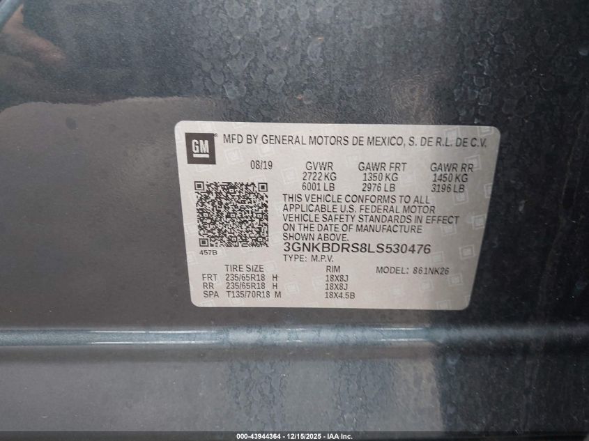 2020 Chevrolet Blazer Fwd 3Lt VIN: 3GNKBDRS8LS530476 Lot: 43944364