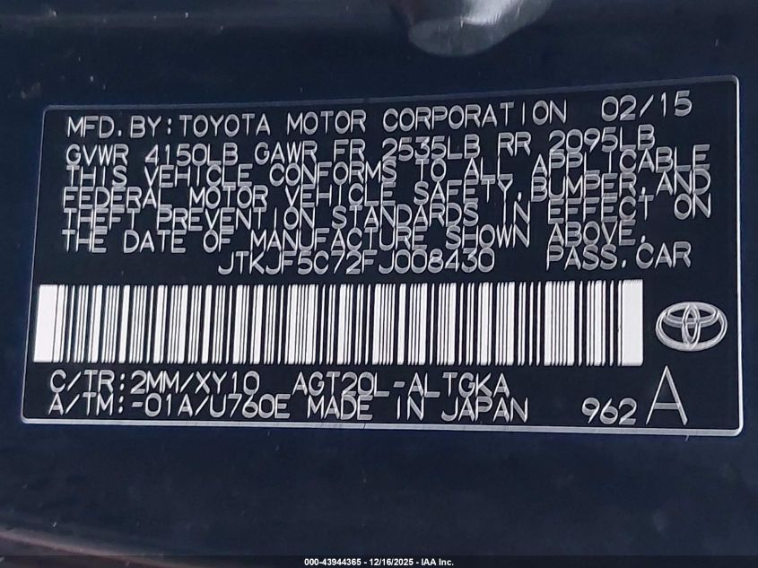 2015 Scion Tc Release Series 9.0 VIN: JTKJF5C72FJ008430 Lot: 43944365