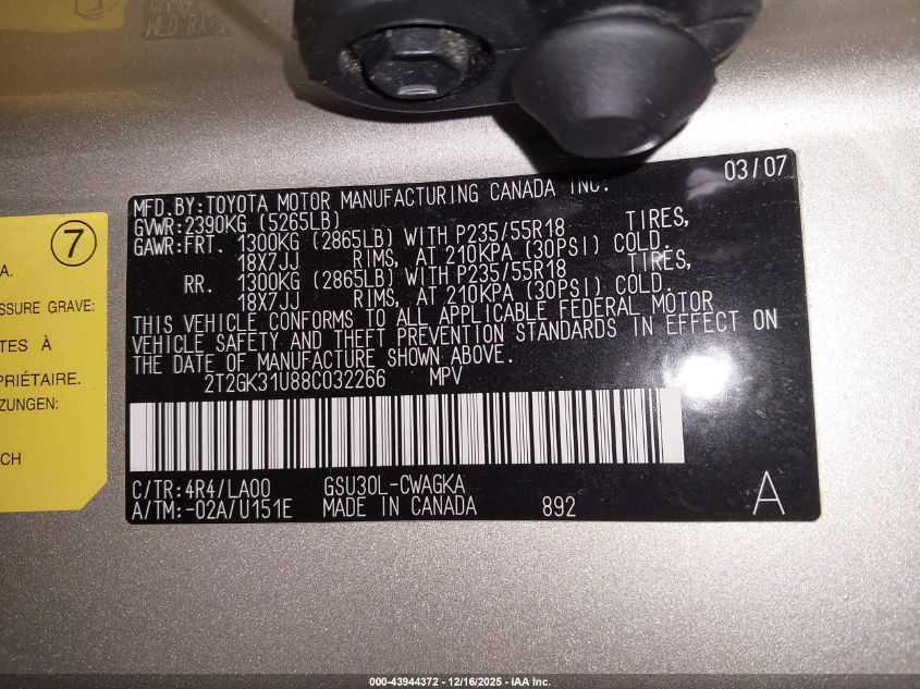 2008 Lexus Rx 350 VIN: 2T2GK31U88C032266 Lot: 43944372