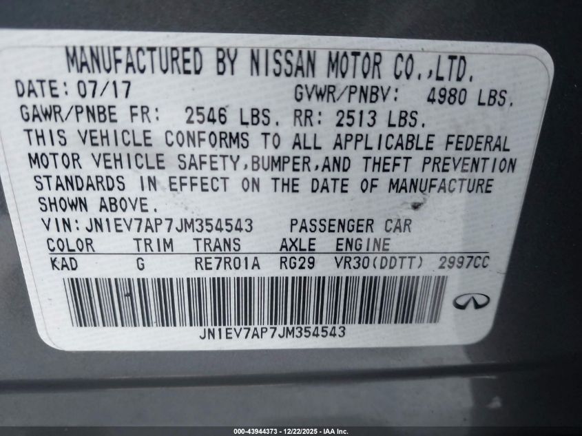 2018 Infiniti Q50 3.0T Sport VIN: JN1EV7AP7JM354543 Lot: 43944373