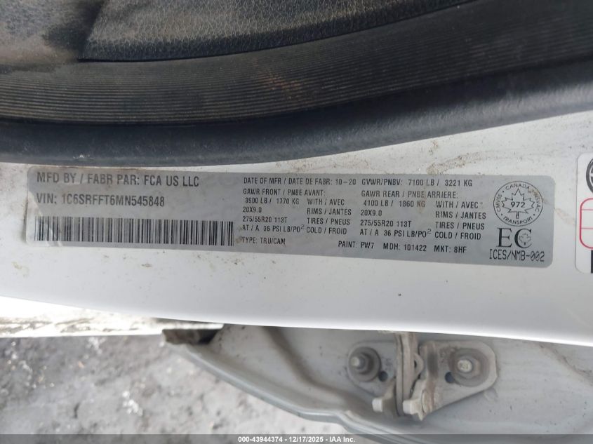 2021 Ram 1500 Big Horn VIN: 1C6SRFFT6MN545848 Lot: 43944374