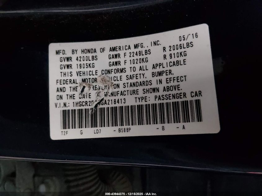 2016 Honda Accord Lx VIN: 1HGCR2F39GA218413 Lot: 43944375