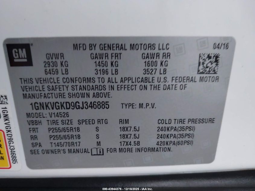 2016 Chevrolet Traverse 1Lt VIN: 1GNKVGKD9GJ346885 Lot: 43944376