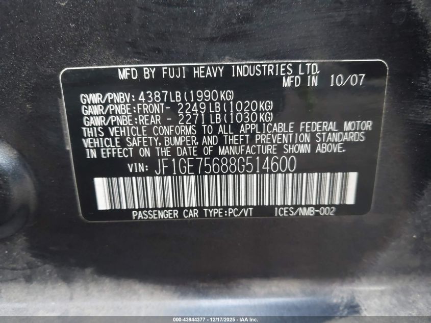 2008 Subaru Impreza Wrx VIN: JF1GE75688G514600 Lot: 43944377